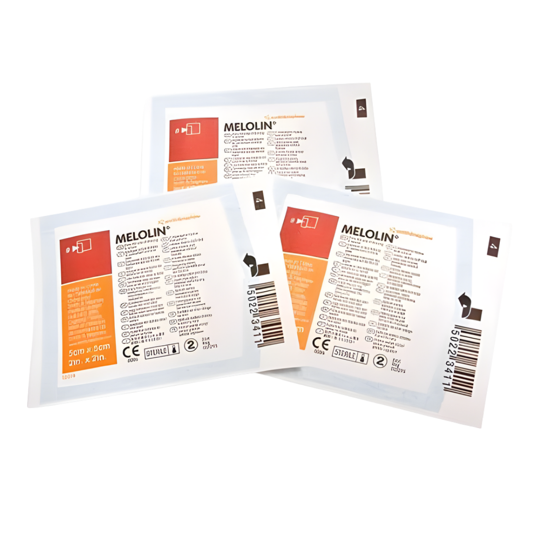 MELOLIN sterile low-adherent wound dressing pads in multiple sizes, supplied in boxes of 100, designed for gentle protection and absorption for various wound types.