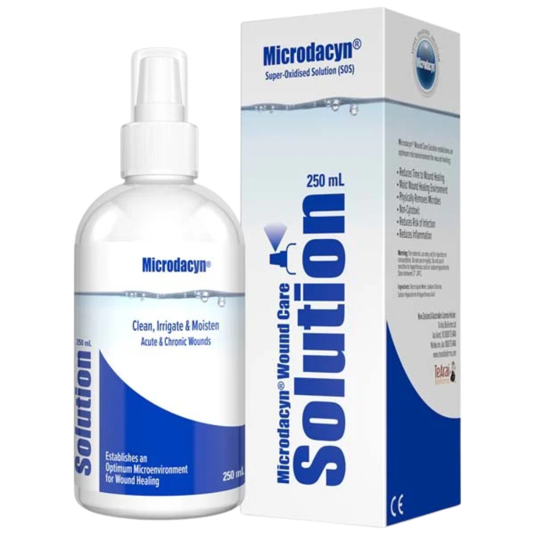 Microdacyn Wound Care Spray 250mL bottle, a non-cytotoxic, pH-balanced antimicrobial wound cleanser for effective treatment and infection control.