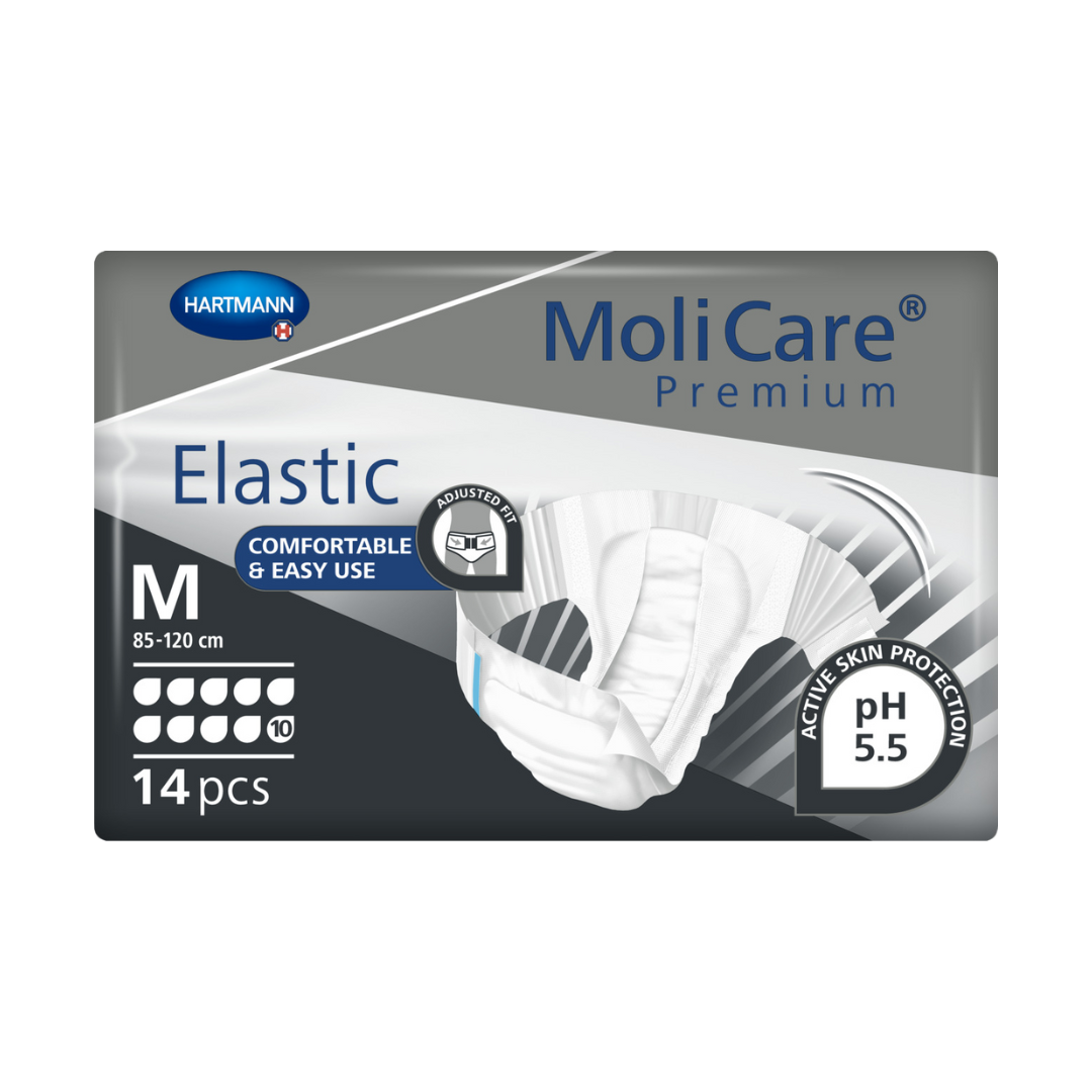 MoliCare Premium Elastic 10 Drops Medium adult incontinence pad – high absorbency and comfort.