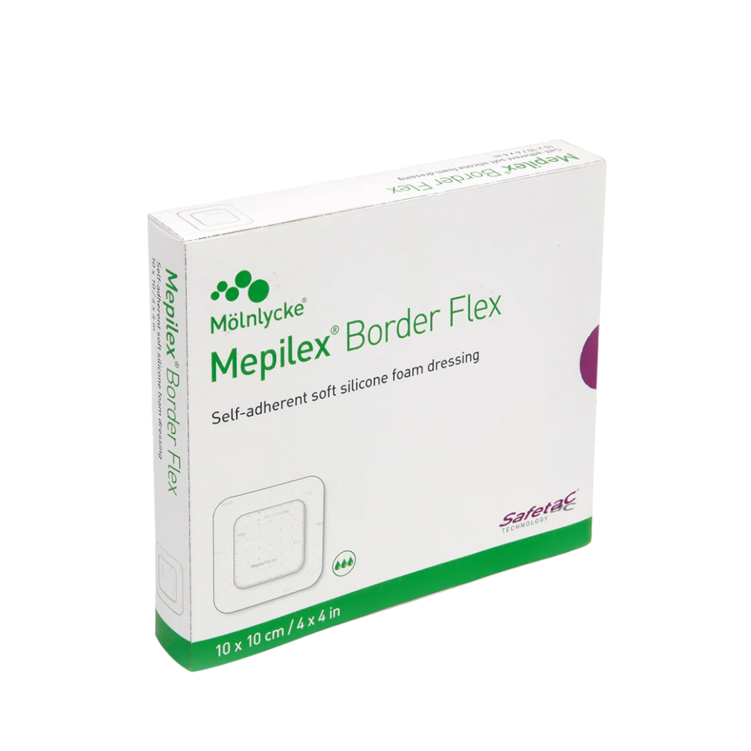 Soft Molnlycke Mepilex Border Flex dressings in assorted sizes, designed for flexible, gentle wound protection with strong absorption for various wound types.