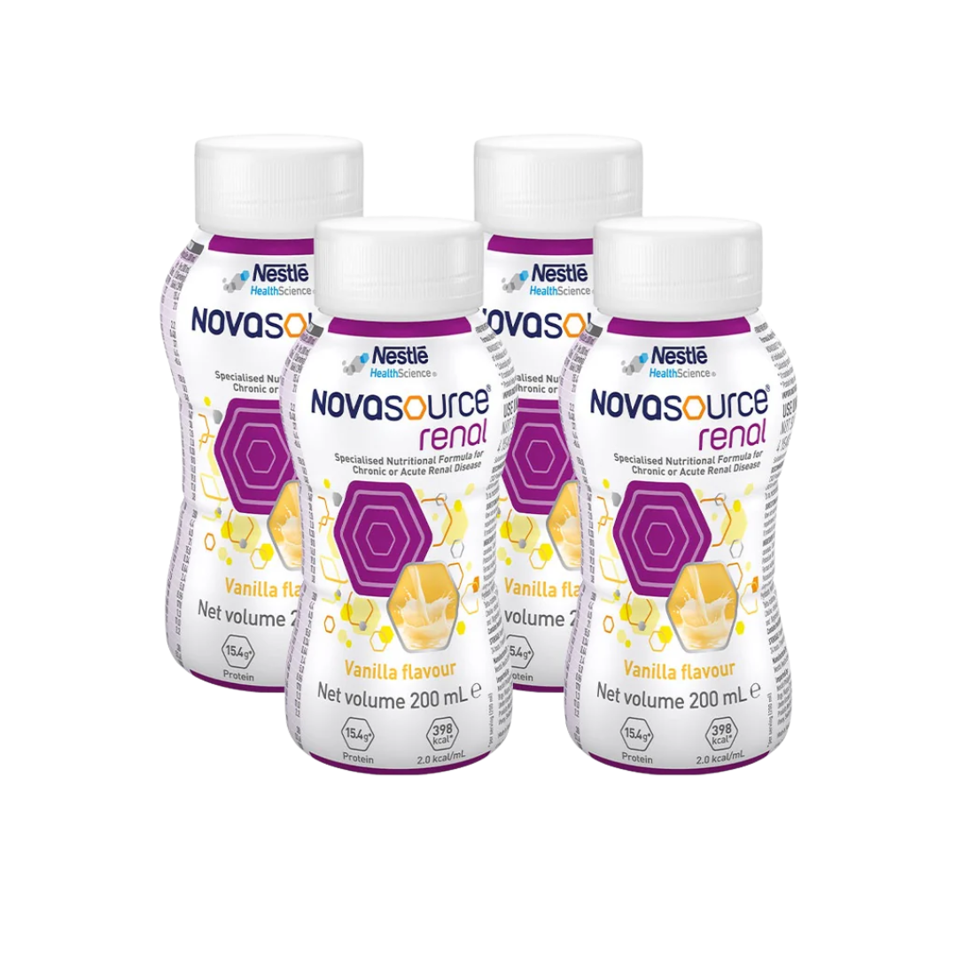 Nestlé Novasource Renal Vanilla Bottle 200ml – renal nutritional supplement for kidney health and dialysis support.