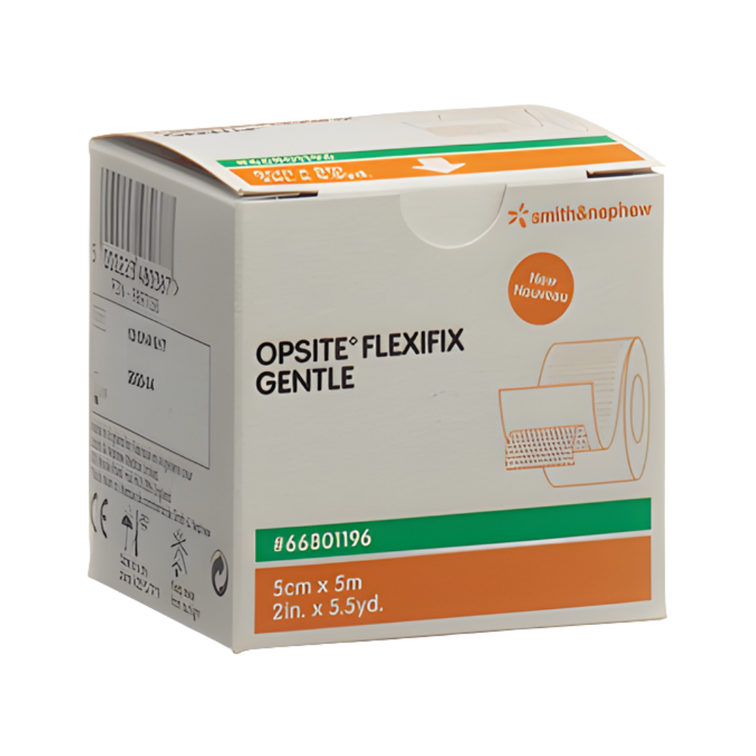 Opsite Flexifix Gentle silicone dressing roll in multiple sizes, designed for secure fixation with gentle removal.