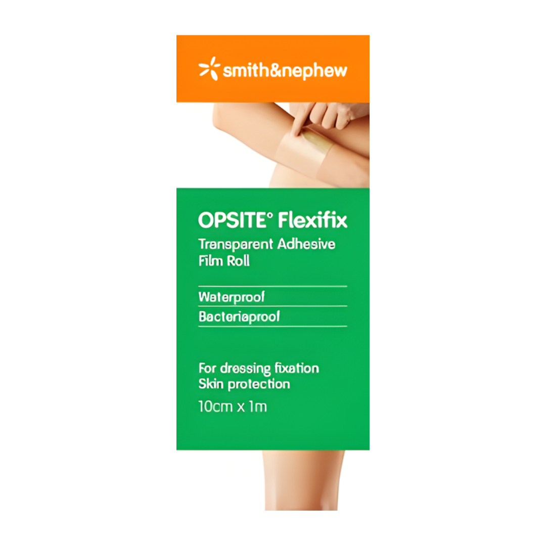 Opsite Flexifix is a transparent, flexible film roll (10cm x 1m) used for secure dressing fixation, offering waterproof protection and breathability for wounds.