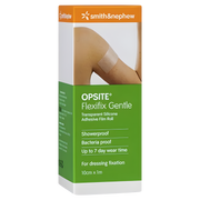 Opsite Flexifix is a transparent, flexible film roll (10cm x 1m) used for secure dressing fixation, offering waterproof protection and breathability for wounds.