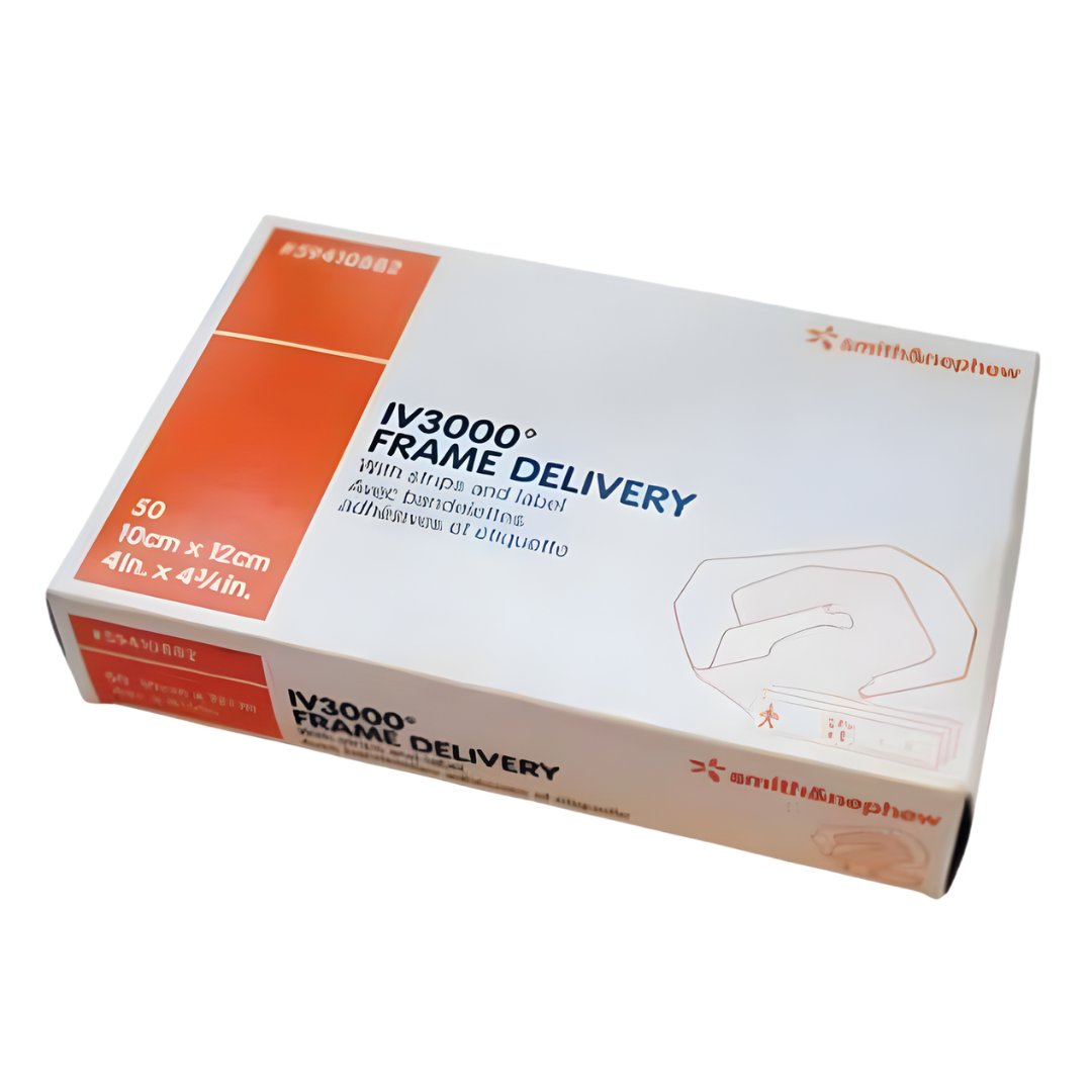 Opsite IV 3000 Window Frame Delivery Dressing provides secure, breathable IV site protection with transparent film for easy monitoring in clinical and aged care settings.