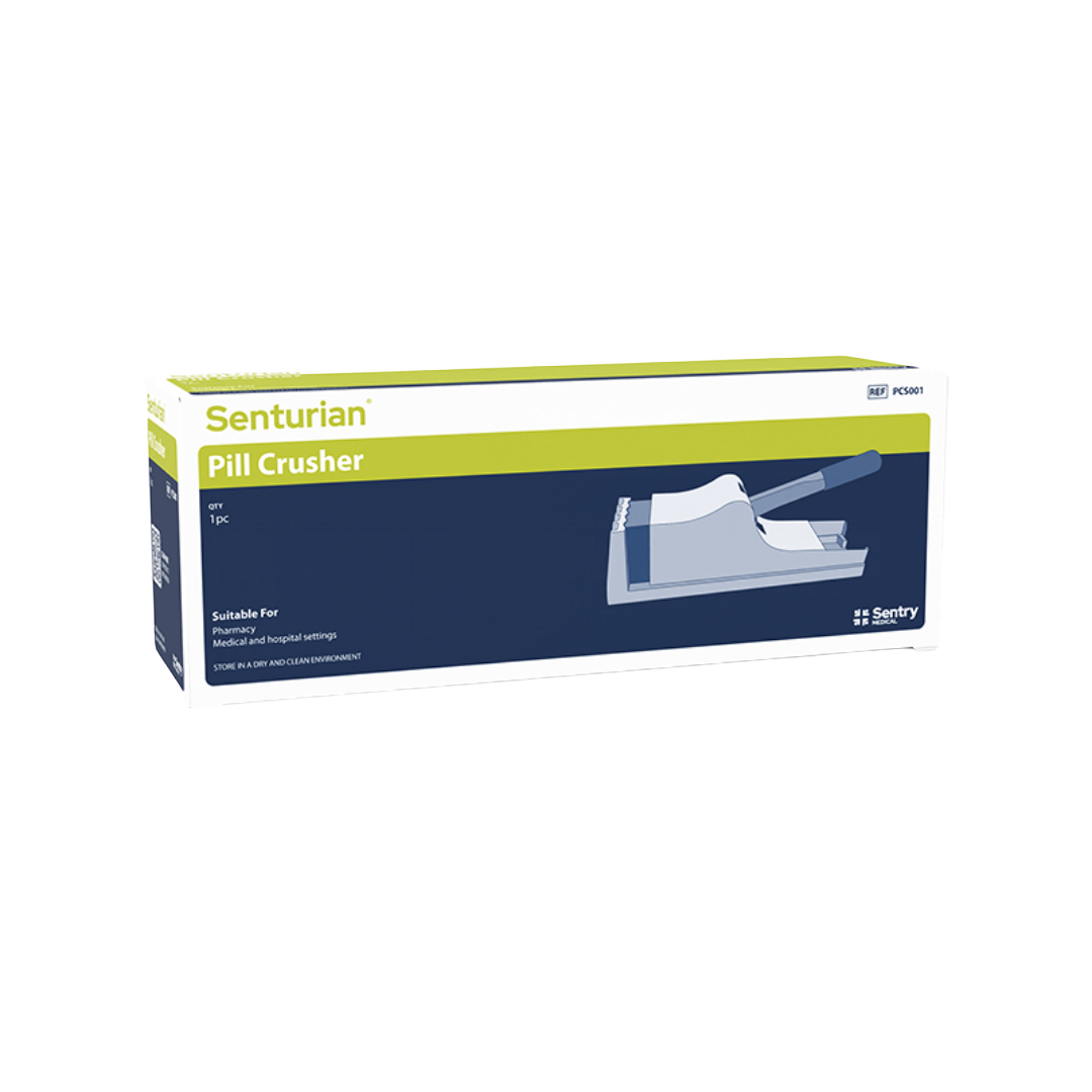 Clear Pill Crusher Pouch with ribbed interior and bevelled seams, designed for safe, single-use tablet crushing in clinical, aged care, and home settings.