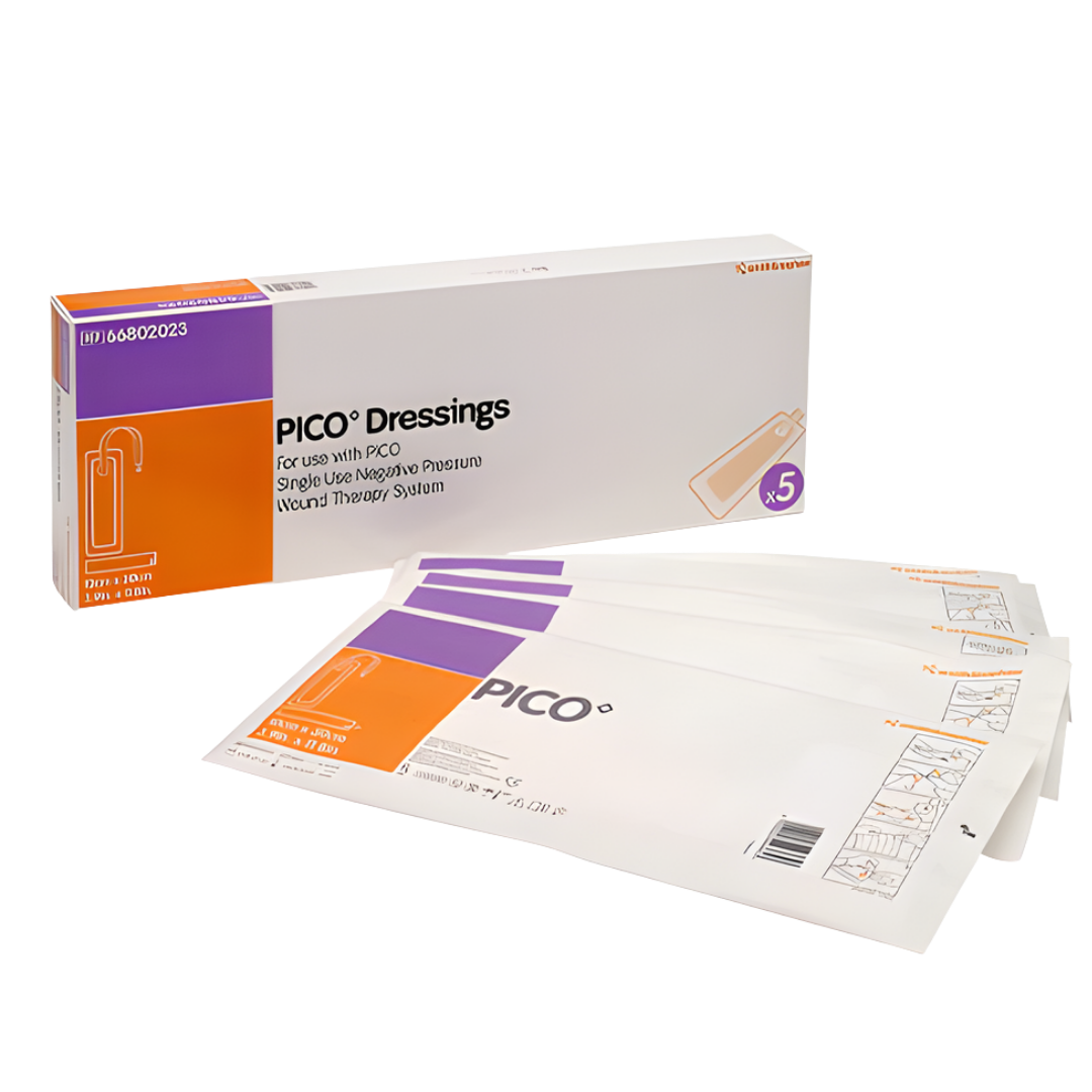 PICO Wound Dressing 5‑pack in multiple sizes designed for gentle negative pressure therapy, offering secure sealing and comfort for various wound care needs.