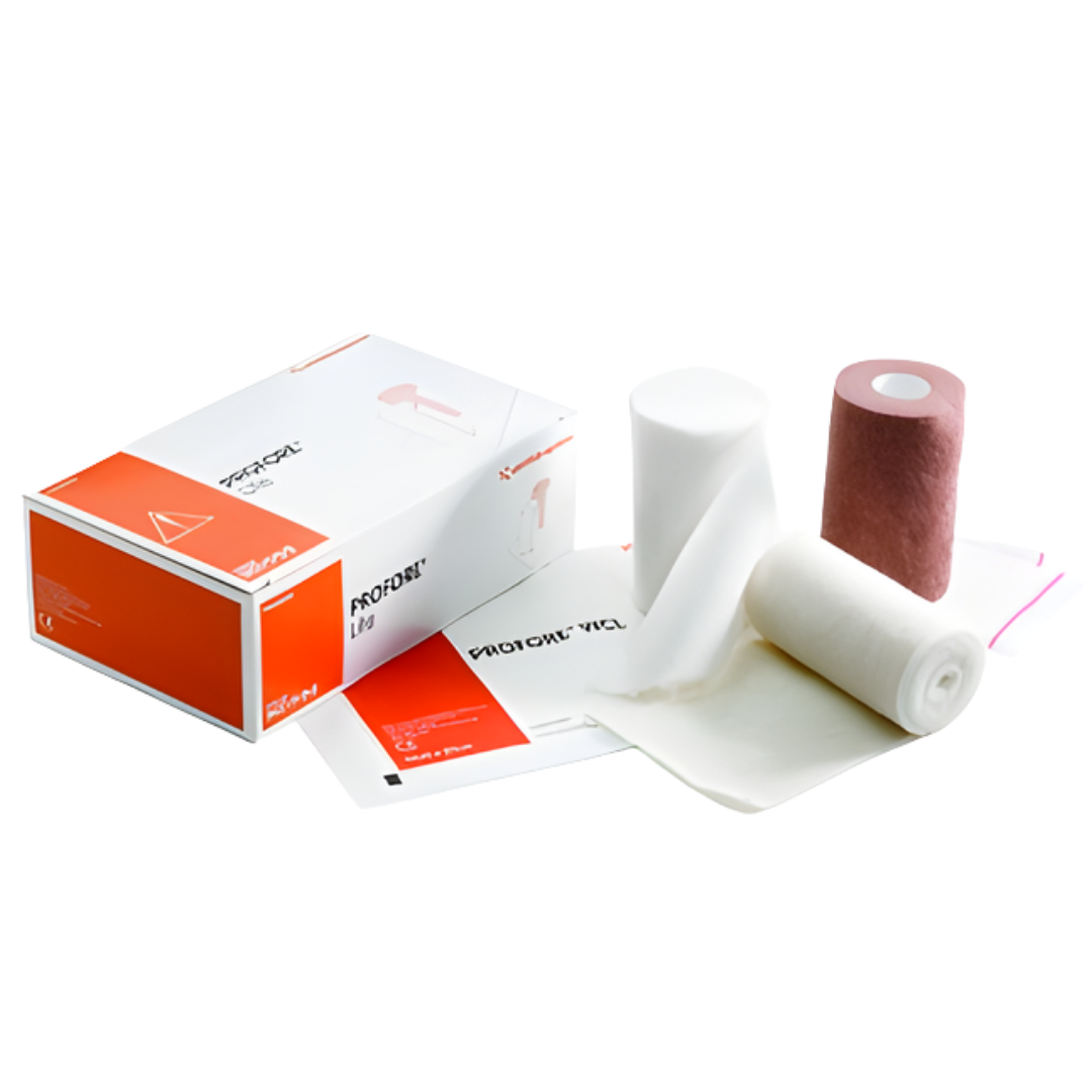A variety of rolled bandages in different colors stacked on top of each other, typically used for medical or surgical purposes.