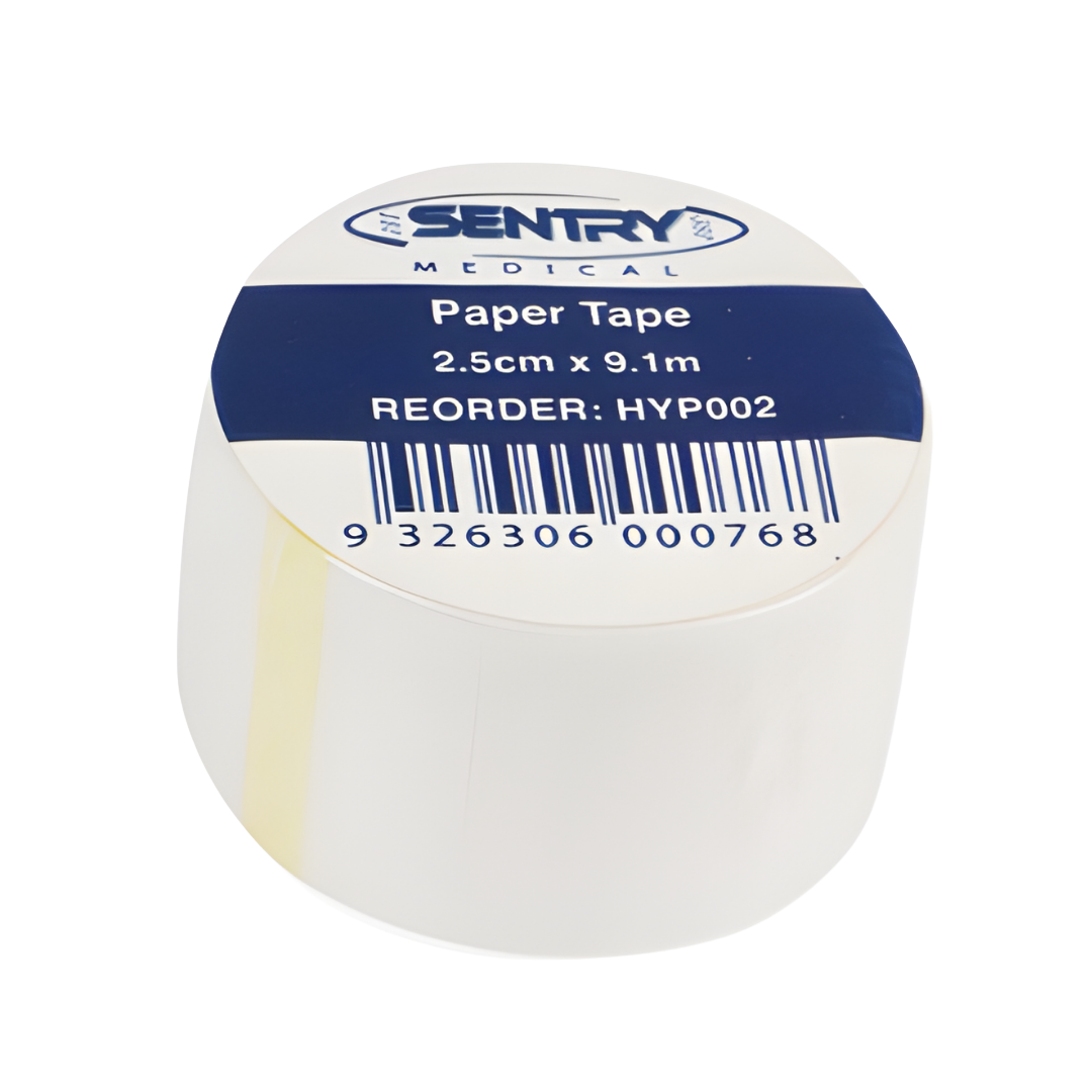 Paper Tape 2.5cm x 9.1m with Dispenser designed for gentle, secure wound dressing fixation. Made from soft, breathable, hypoallergenic paper material suitable for sensitive skin. Includes an easy-use dispenser for quick, precise application in clinical and home care settings. Ideal for securing dressings, tubing, and lightweight medical devices. Offers reliable adhesion while removing cleanly without residue.