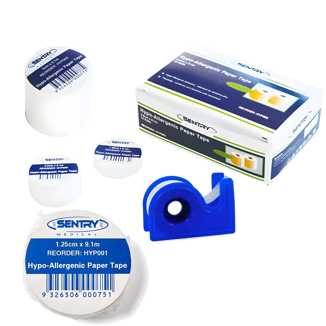 Paper Tape 2.5cm x 9.1m with Dispenser designed for gentle, secure wound dressing fixation. Made from soft, breathable, hypoallergenic paper material suitable for sensitive skin. Includes an easy-use dispenser for quick, precise application in clinical and home care settings. Ideal for securing dressings, tubing, and lightweight medical devices. Offers reliable adhesion while removing cleanly without residue.