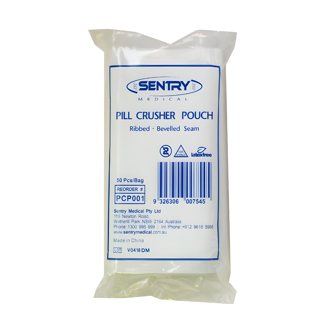 Clear Pill Crusher Pouch with ribbed interior and bevelled seams, designed for safe, single-use tablet crushing in clinical, aged care, and home settings.