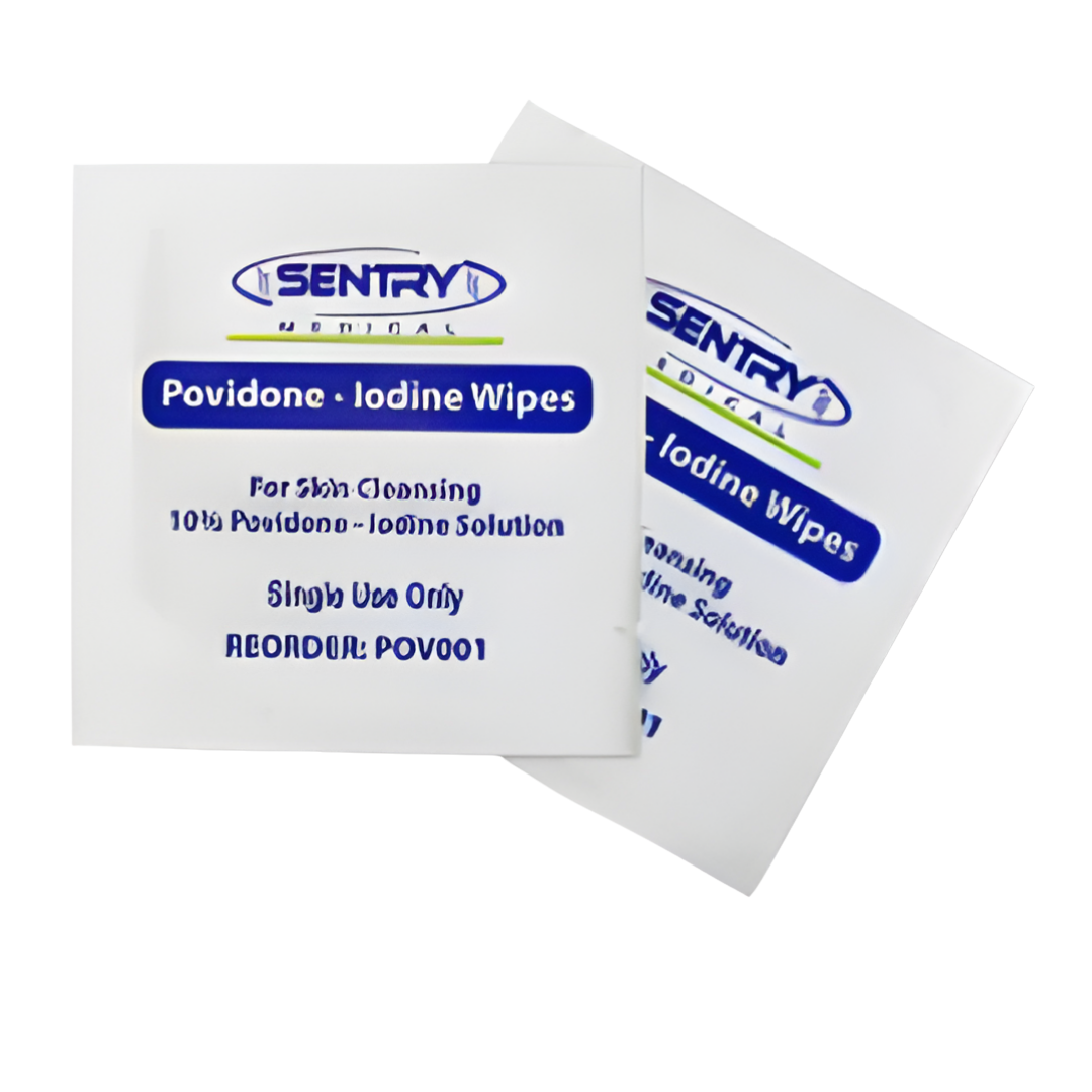Box of Povidone Iodine Antiseptic Wipes with individually wrapped sachets, designed for pre-procedure skin cleansing and infection control in clinical and first aid settings.