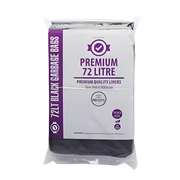 A pack of 72LT black premium bin liners, with the product's details visible on the packaging.