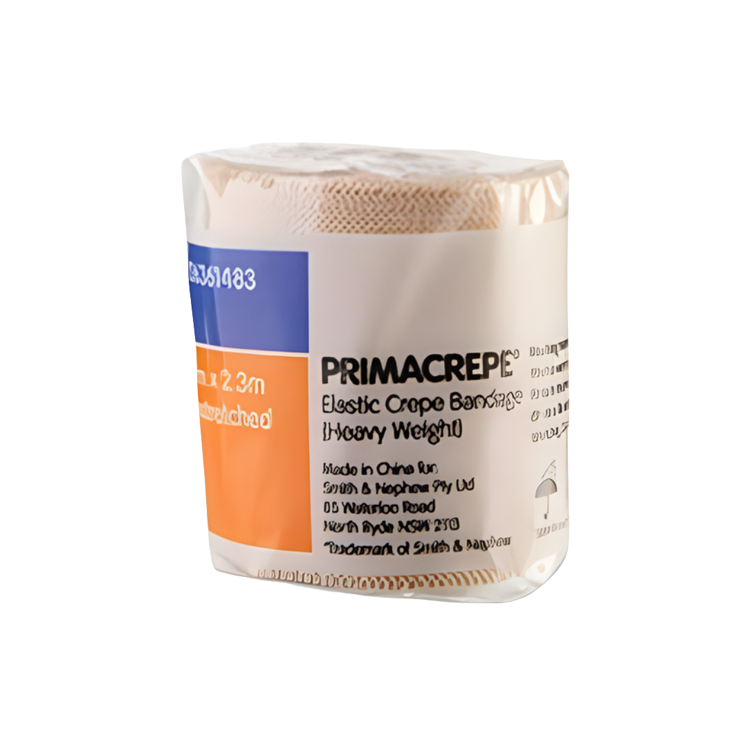 Primacrepe Heavy Weight Crepe Bandage in multiple widths providing firm, durable compression for injuries, swelling, joint support, and secure dressing application.