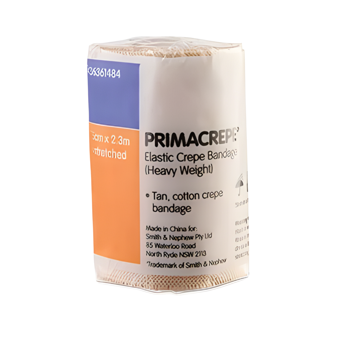 Primacrepe Heavy Weight Crepe Bandage in multiple widths providing firm, durable compression for injuries, swelling, joint support, and secure dressing application.