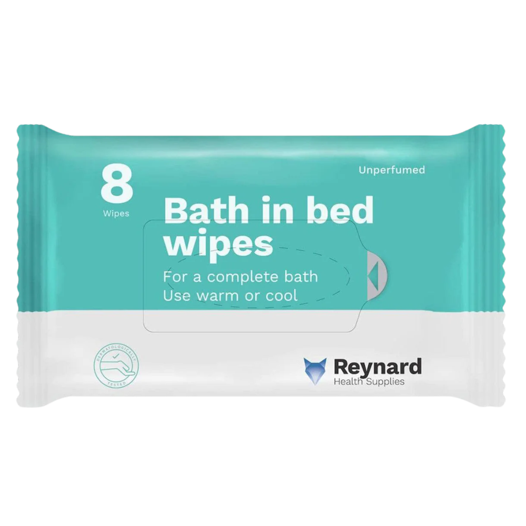 Reynard Bath in Bed Wipes 8-pack – pre-moistened, no-rinse disposable wipes for hospital, aged care, or home hygiene use.