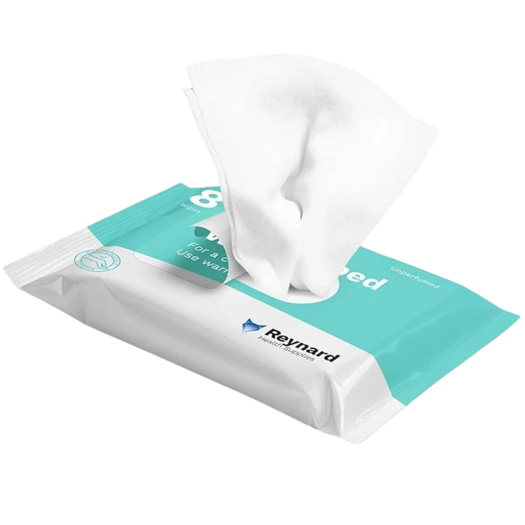 Reynard Bath in Bed Wipes 8-pack – pre-moistened, no-rinse disposable wipes for hospital, aged care, or home hygiene use.