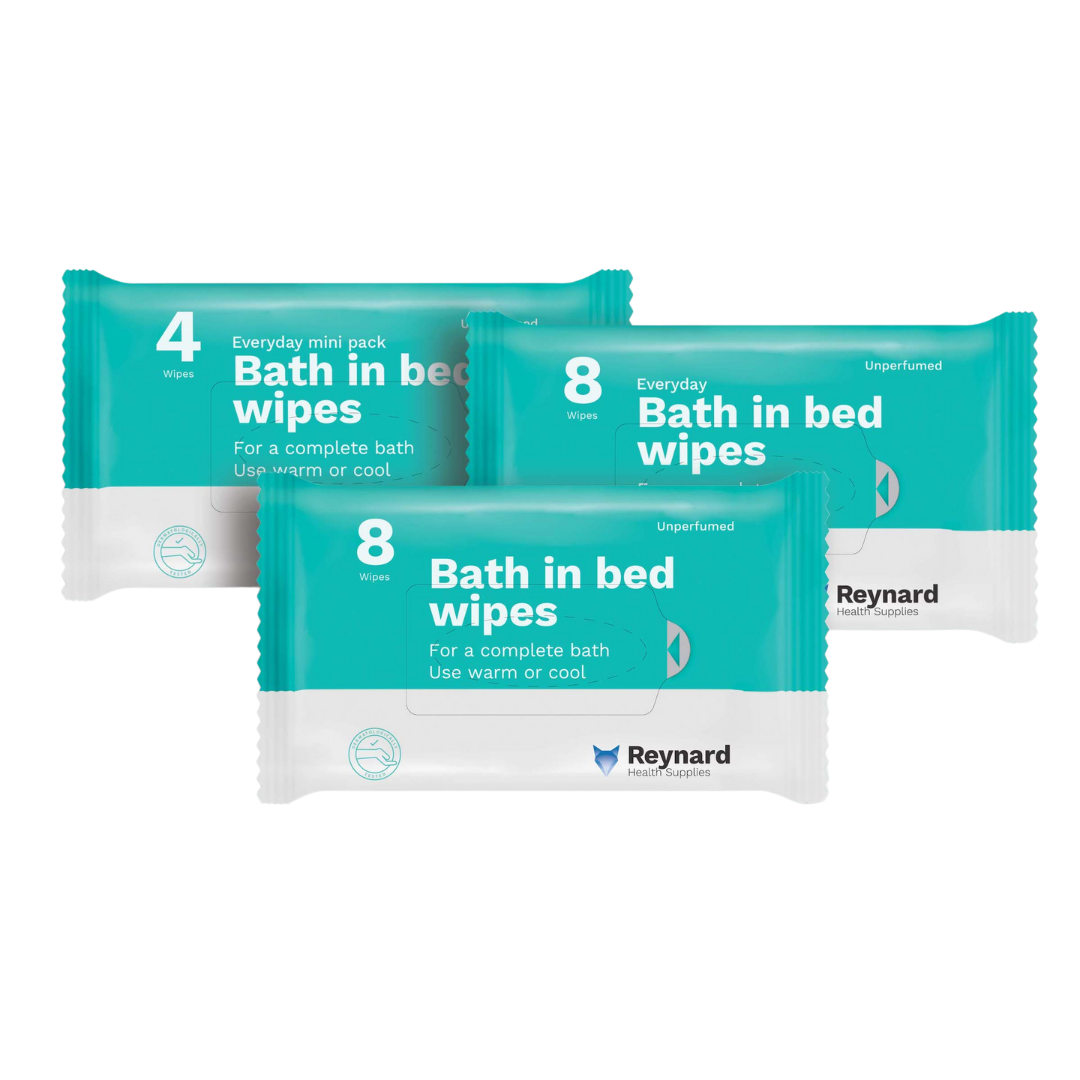 Reynard Bath in Bed Wipes 8-pack – pre-moistened, no-rinse disposable wipes for hospital, aged care, or home hygiene use.