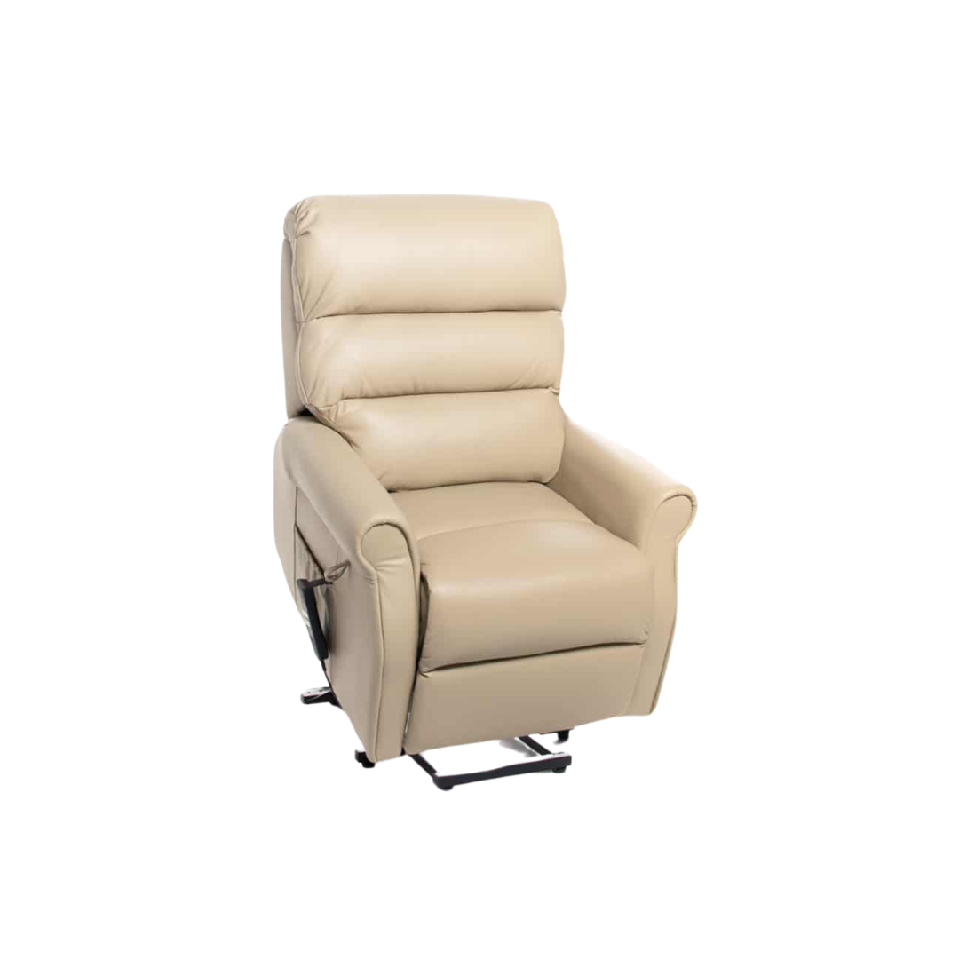 Royale Mayfair Mini Luxury Leather Lift Chair in Espresso Dark Brown and Taupe Beige, offering elegant comfort and assisted mobility for daily living.