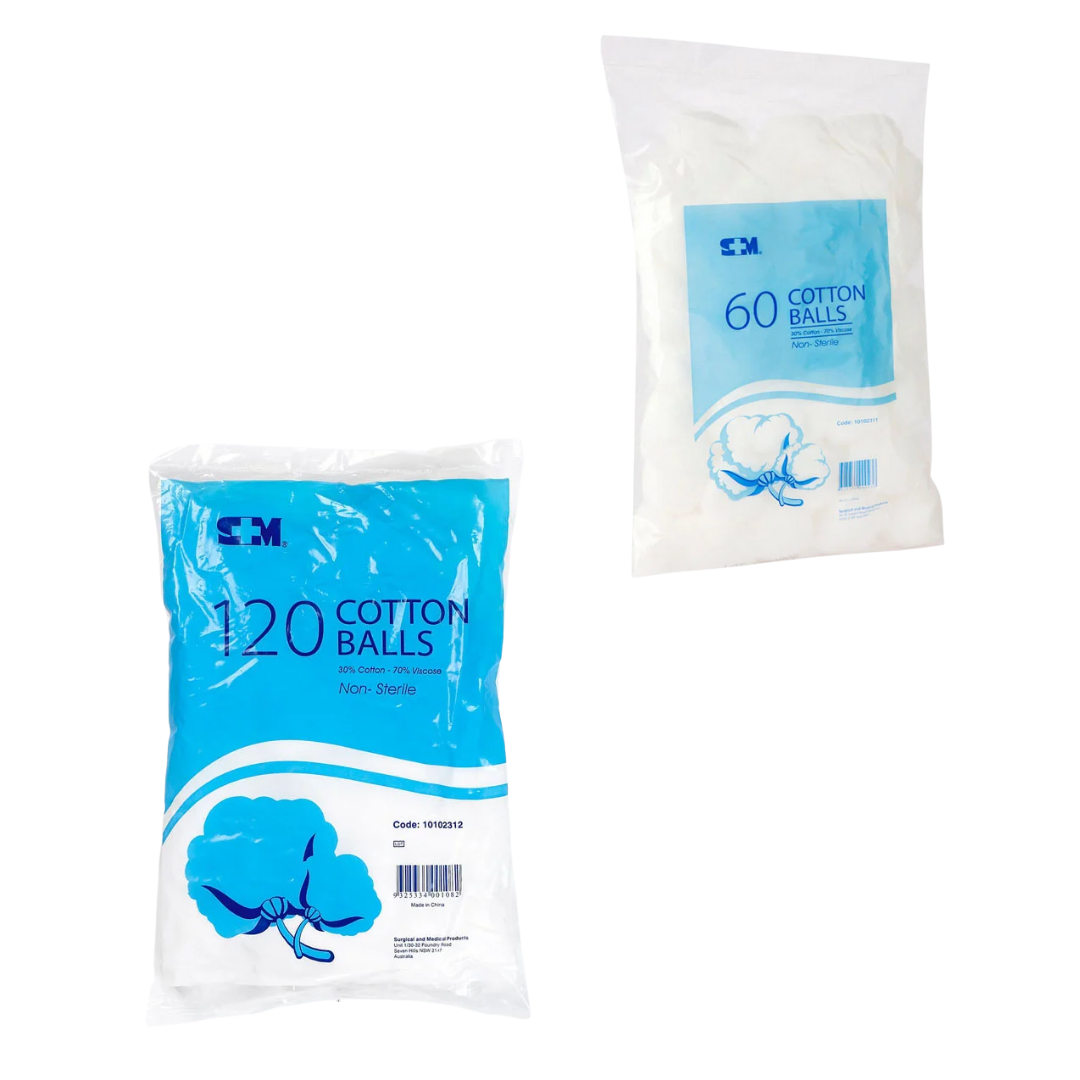 S+M Cotton Balls packs showing 60 pieces and 120 pieces variants, non-sterile, 30% cotton and 70% viscose.
