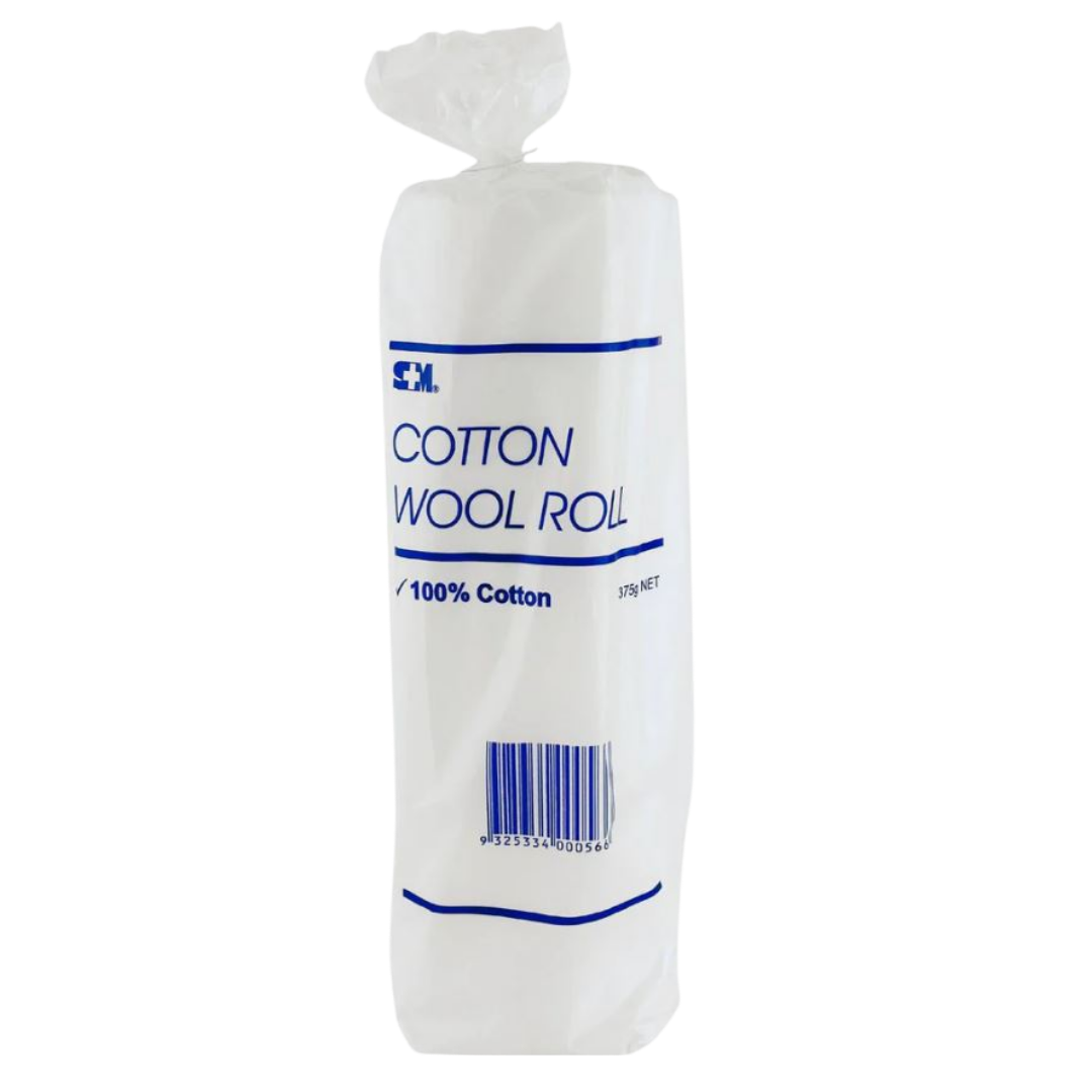 S+M Cotton Wool Roll 375g, 100% cotton, in clear plastic packaging with blue text and barcode.
