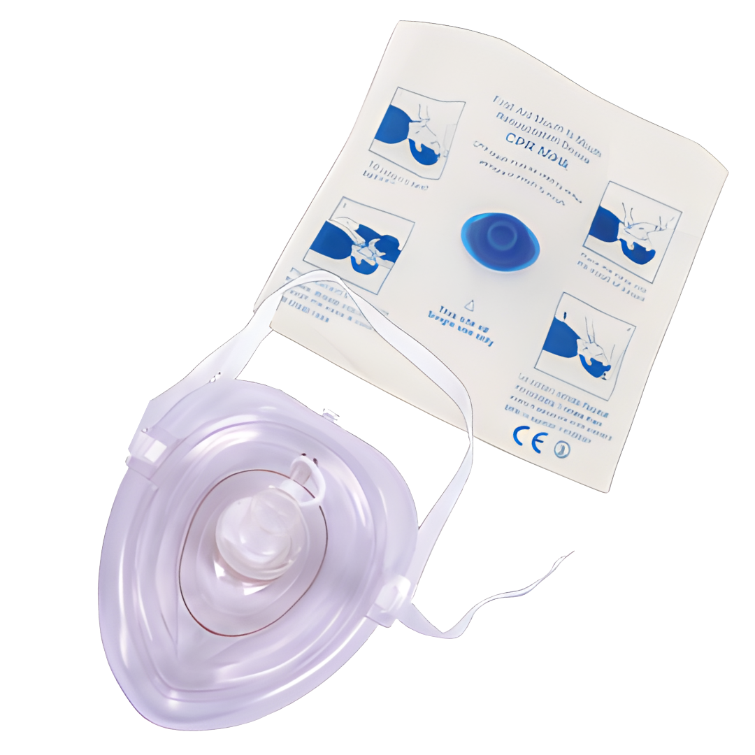 S+M CPR Mask with Oxygen Port – clear emergency resuscitation mask with one-way valve and oxygen inlet, includes protective case for safe storage and transport.