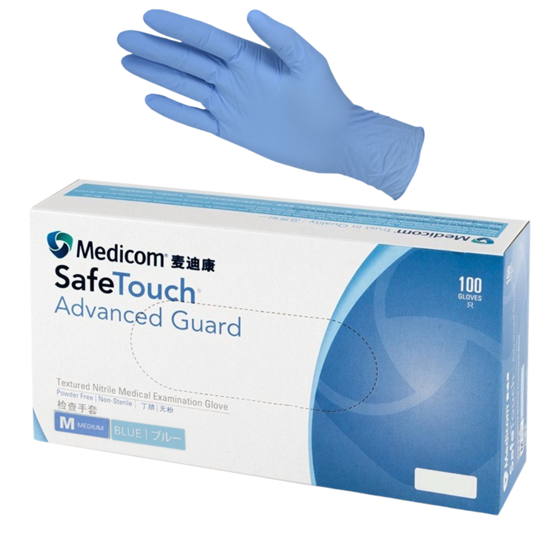 SafeTouch Advanced Guard Blue Nitrile Examination Gloves – powder-free, latex-free, medical-grade hand protection.