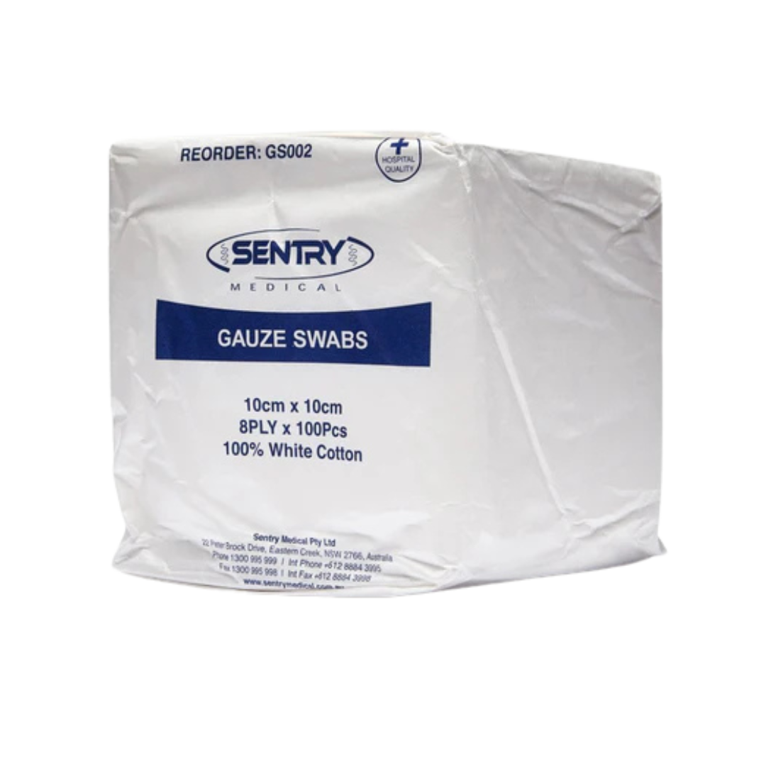 Hospital-quality gauze swabs by Sentry Medical, size 10cm x 10cm, 8-ply, 100 pieces per pack. Perfect for surgical and clinical applications.
