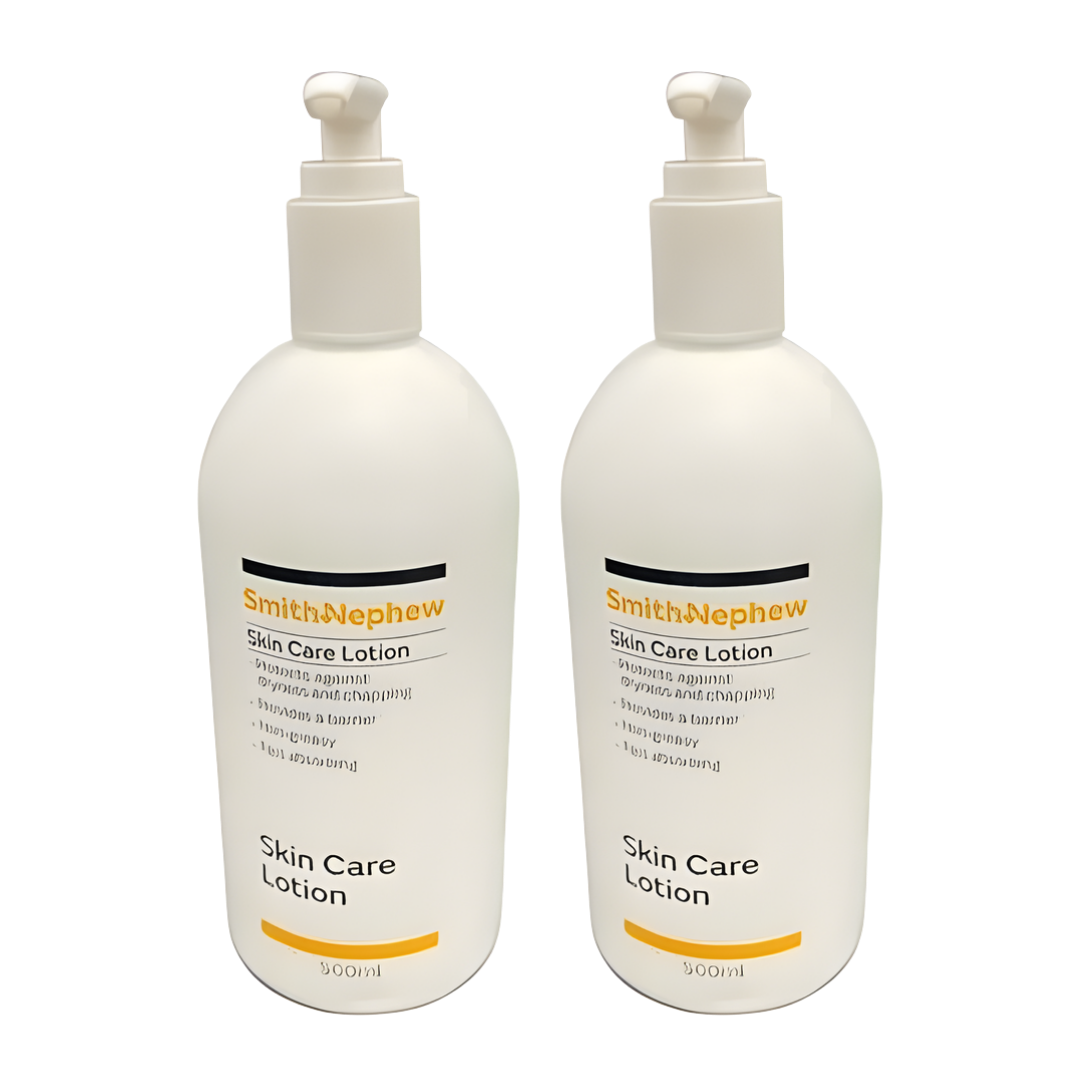 A 500ml bottle of Smith & Nephew Hospital Skin Care Lotion designed for gentle, everyday moisturising in clinical and home care settings. The white bottle features a pump dispenser for easy application and is formulated to help maintain skin hydration and support fragile or sensitive skin.