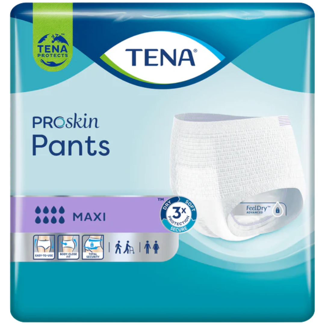 TENA Pants ProSkin Maxi Medium disposable incontinence underwear for 80–110cm waist, featuring breathable fabric and high absorbency for day or night protection.