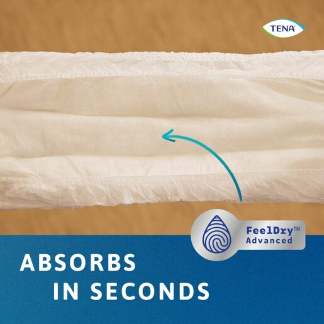 TENA ProSkin Pants Super Large shown in packaging and open view, featuring pull-up design, soft fabric, and high absorbency for heavy incontinence.