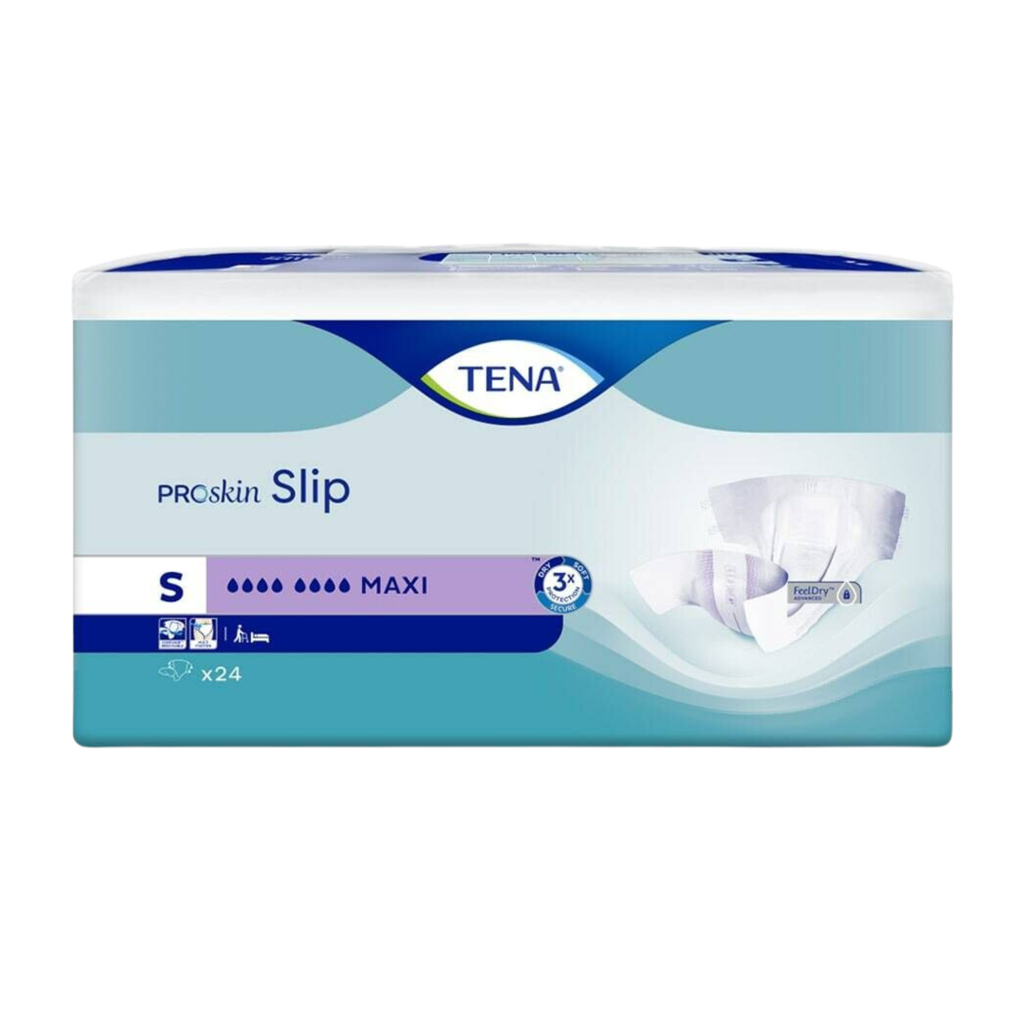 Tena Slip Proskin Maxi Small, high absorbency incontinence brief with tabs, designed for comfort, skin protection, and reliable leakage security.