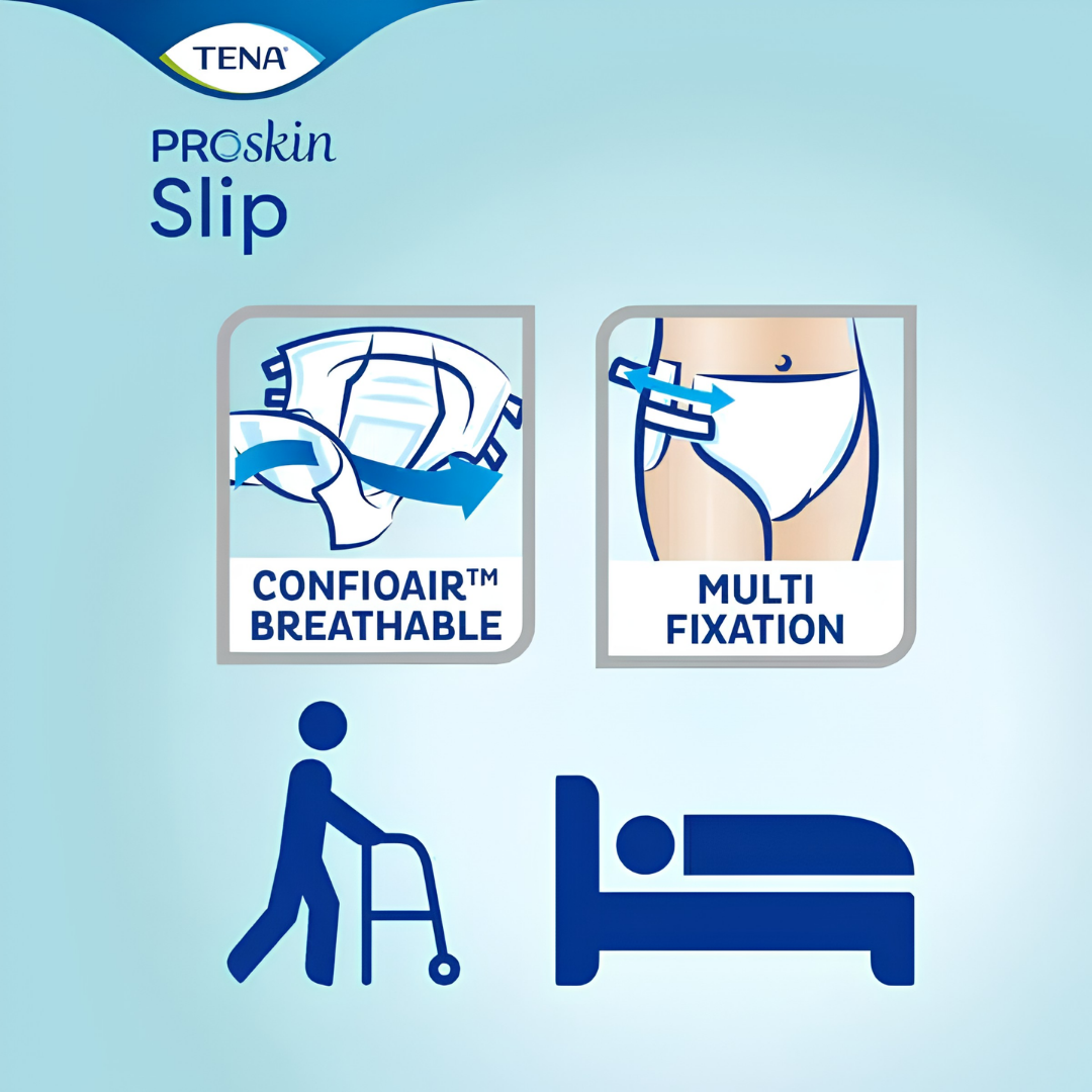 Tena Slip Proskin Maxi Small, high absorbency incontinence brief with tabs, designed for comfort, skin protection, and reliable leakage security.