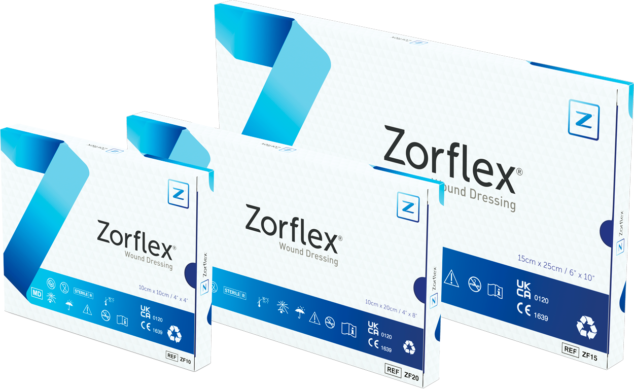Zorflex wound contact layer 15cm x 25cm, activated carbon dressing, sterile single‑use, available in multiple sizes for odour and exudate control.