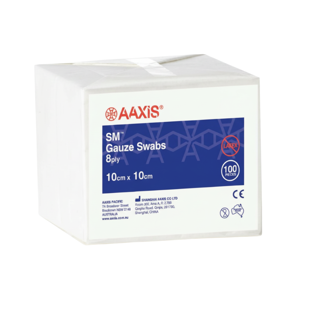 Box of AAXIS SM Gauze Swabs, 8-ply, size 10cm x 10cm, 100 pieces, sterile and latex-free for wound care.
