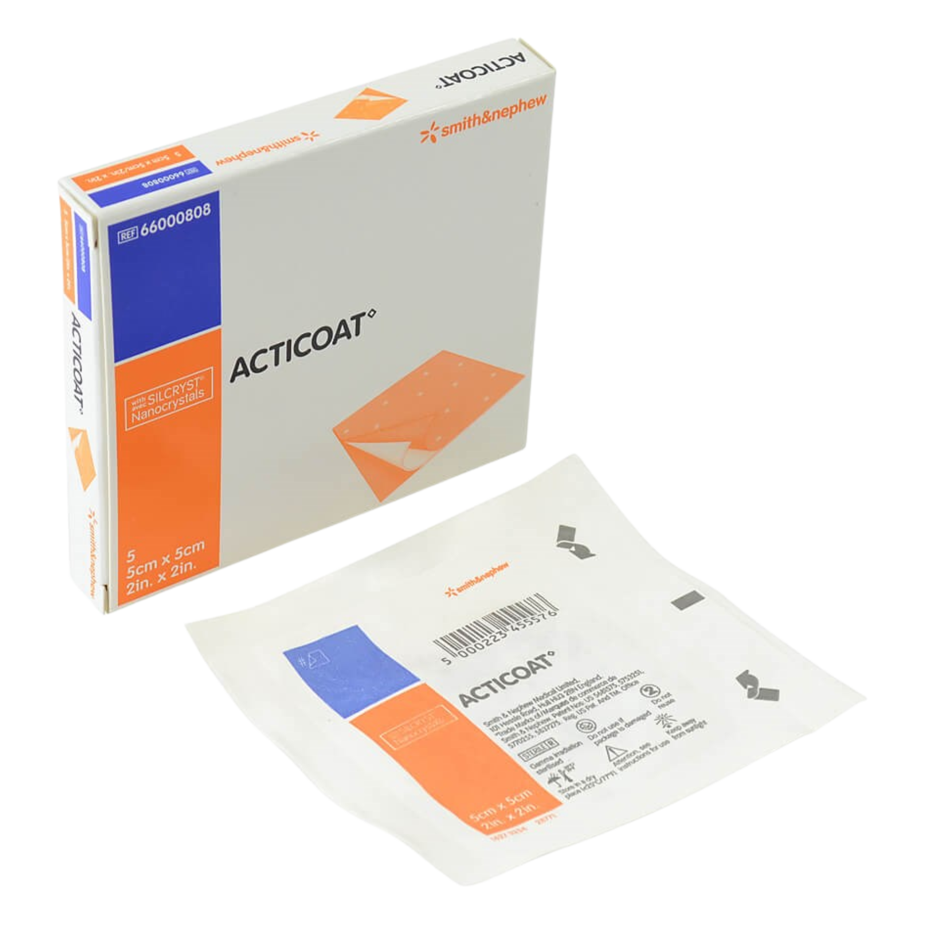 The 5cm x 5cm ACTICOAT dressing box displayed with an individual sterile wrapped antimicrobial dressing pouch.