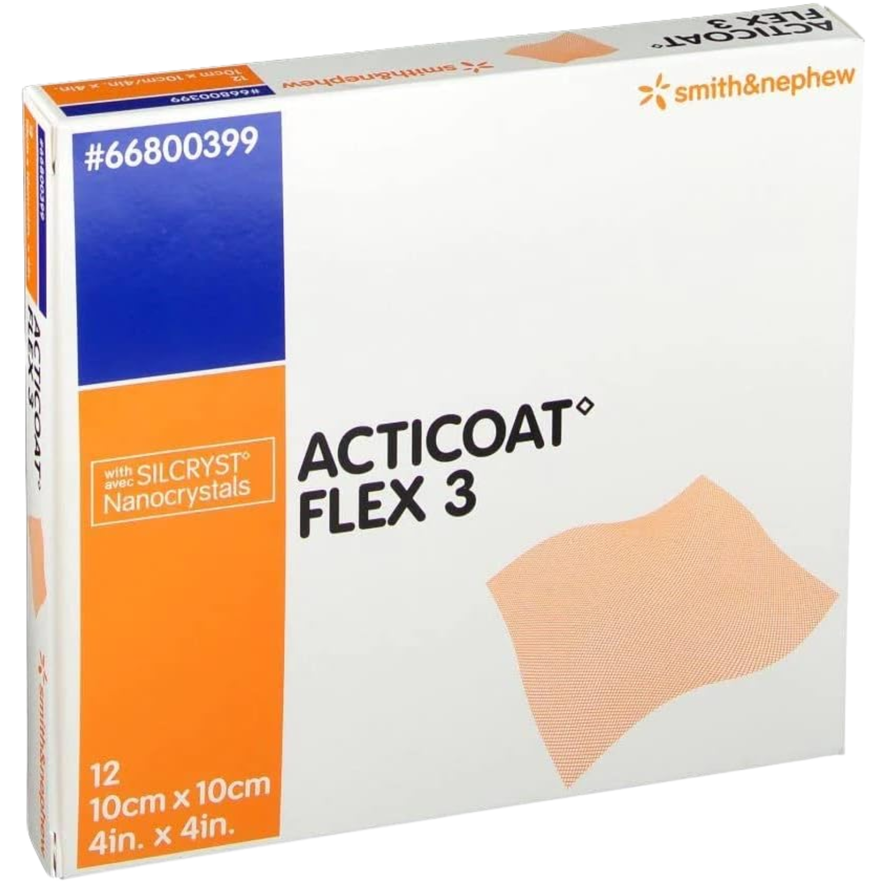 Retail box of Smith & Nephew ACTICOAT Flex 3 antimicrobial silver dressing, 10cm x 10cm (4in x 4in), pack of 12.