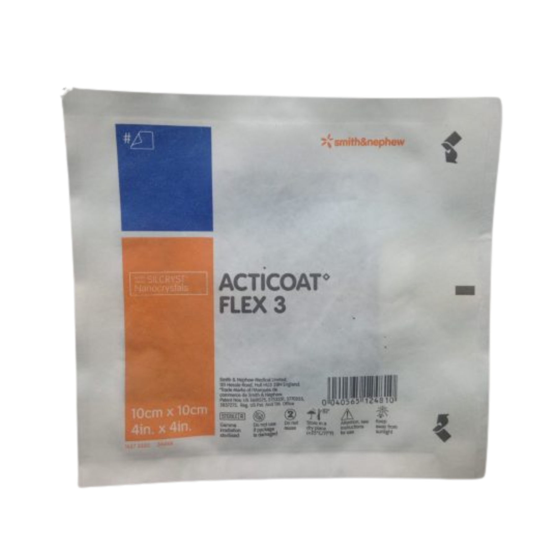 Single sterile packaging for Smith & Nephew ACTICOAT Flex 3 silver dressing, 10cm x 10cm (4in x 4in) individual unit.