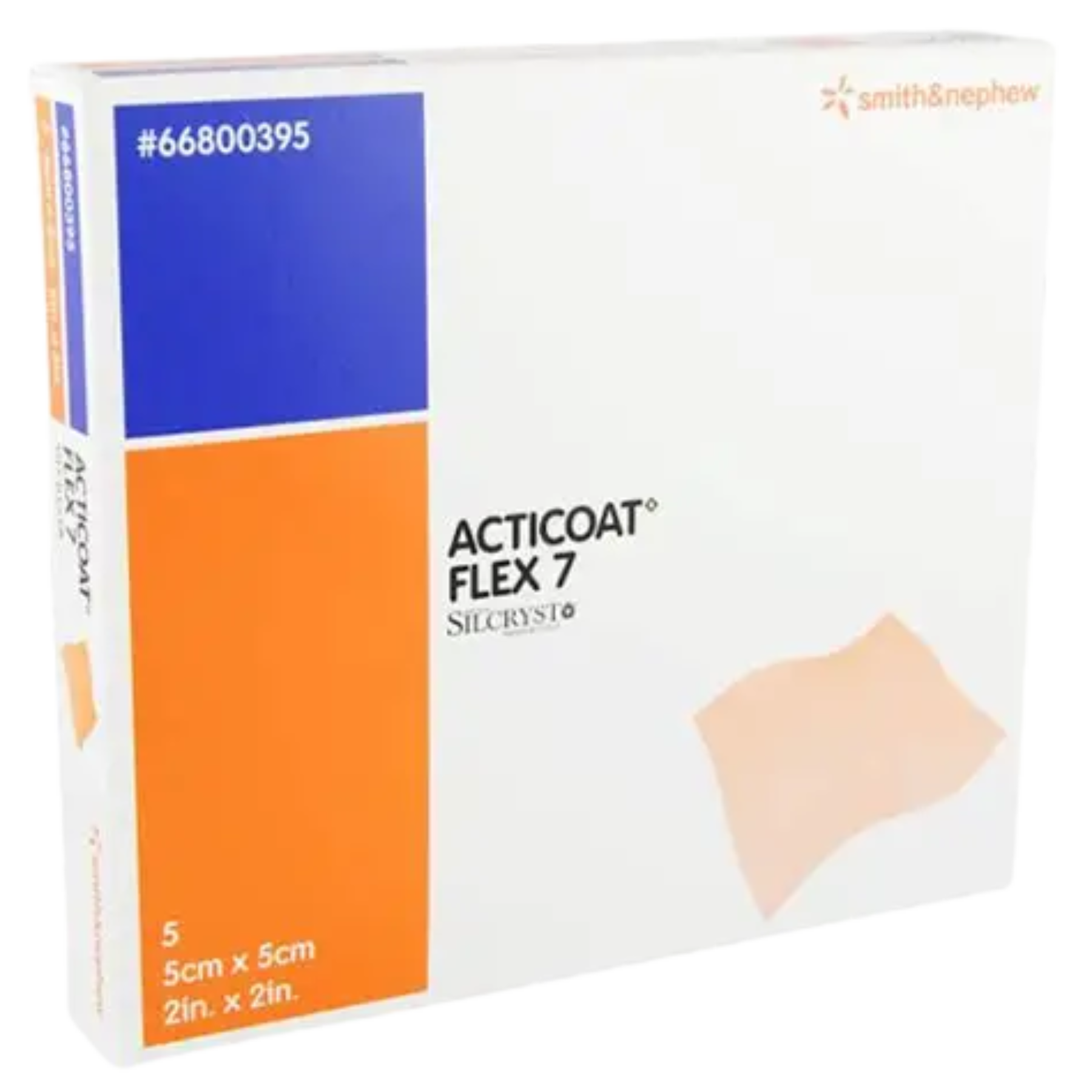 Box of Acticoat Flex 7 Antimicrobial Barrier Dressing with Silcryst Nanocrystals, 5cm x 5cm (2in x 2in), 5 dressings per box.