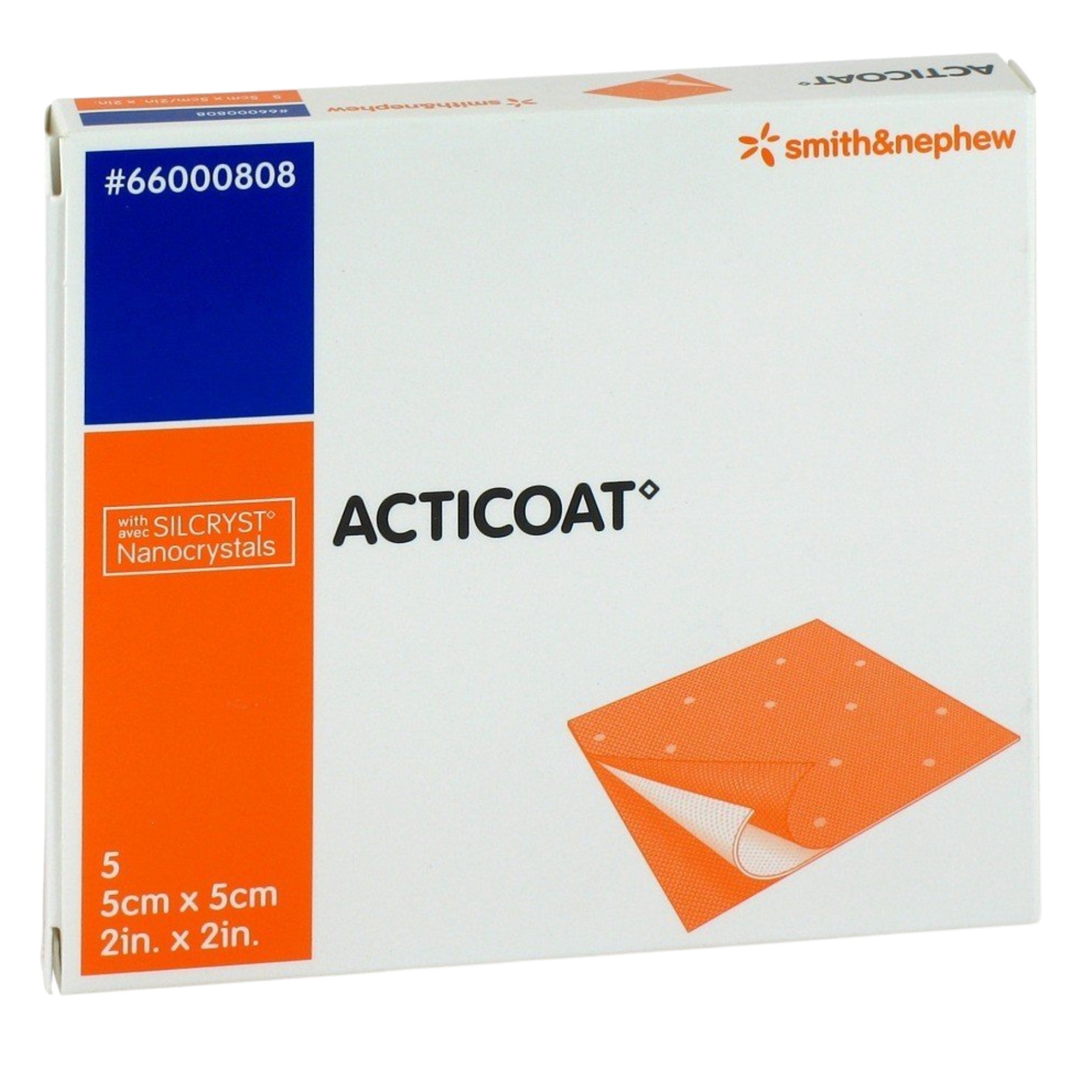 Smith & Nephew ACTICOAT silver-coated antimicrobial barrier dressing box, 5cm x 5cm (2in x 2in) size.