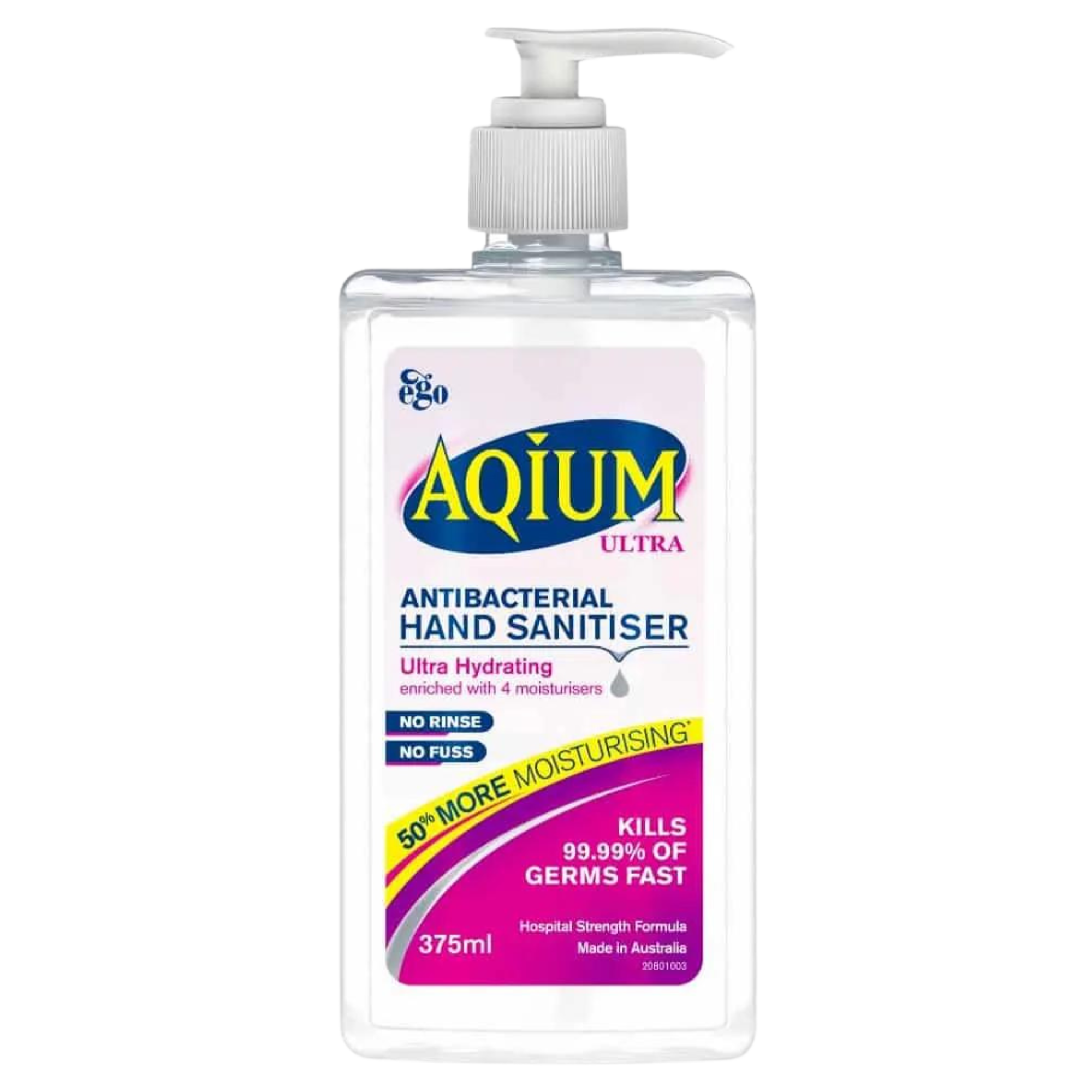 Aqium Ultra Antibacterial Hand Sanitiser - 375ml Hospital Strength Formula, Kills 99.99% of Germs Fast, Ultra Hydrating, No Rinse, No Fuss, Made in Australia