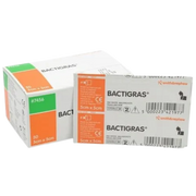 A box of 50 BACTIGRAS medicated paraffin gauze dressings (size 5cm x 5cm) with an individual sterile sachet displaying the product barcode and REF 7456.
