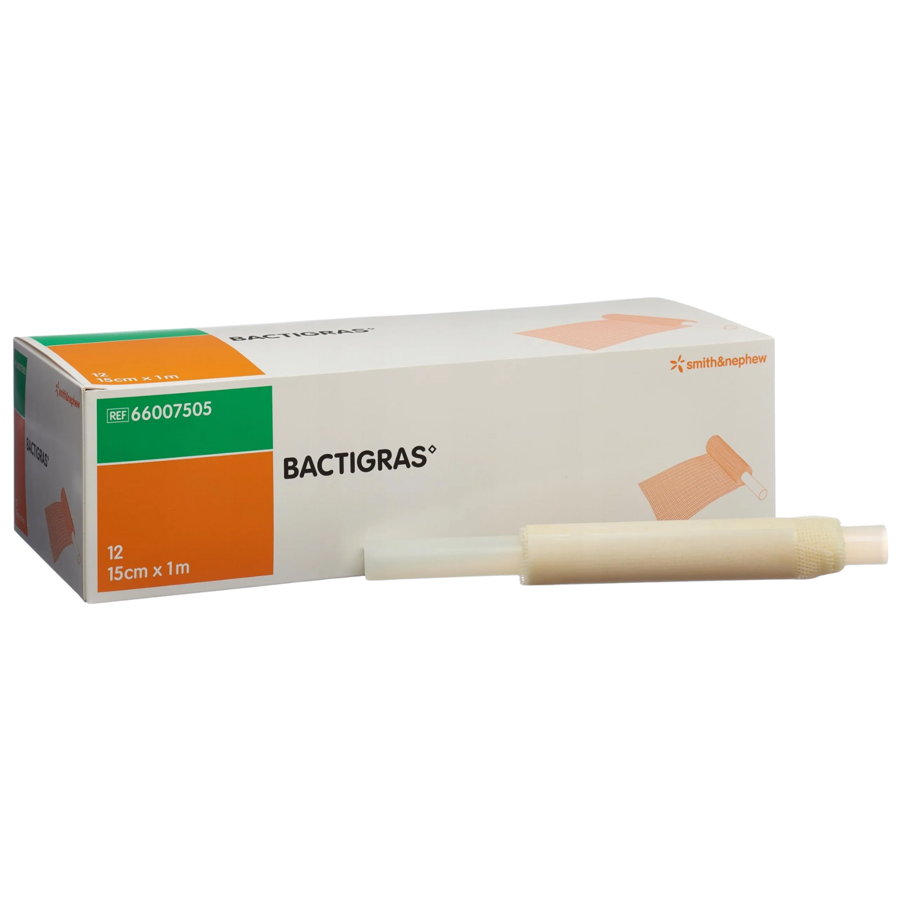 A retail box of Smith & Nephew BACTIGRAS medicated paraffin gauze containing 12 rolls, sized 15cm x 1m, shown with an unwrapped roll.