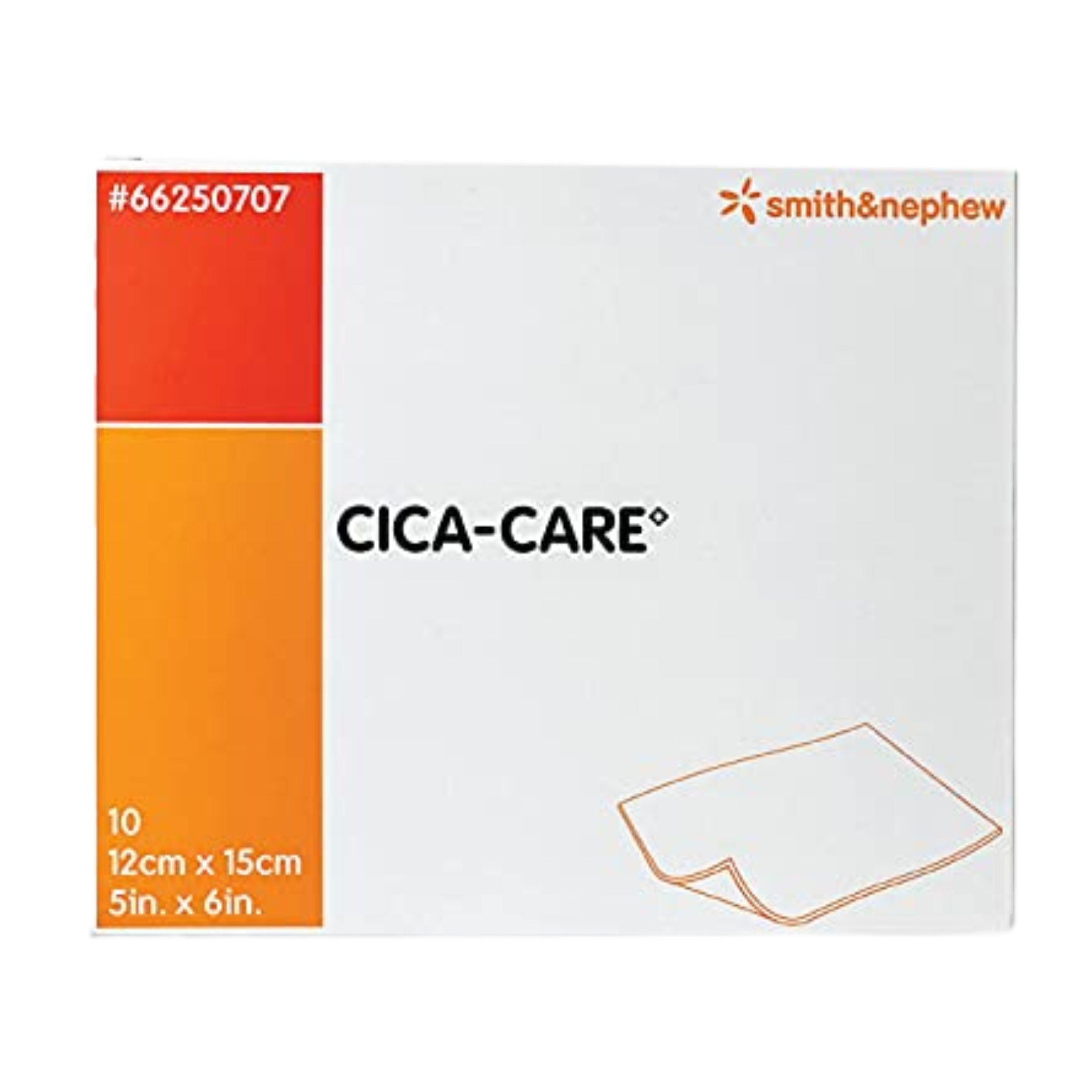 Retail box of Smith & Nephew CICA-CARE self-adhesive silicone gel sheets containing 10 pieces, sized 5 inches by 6 inches.