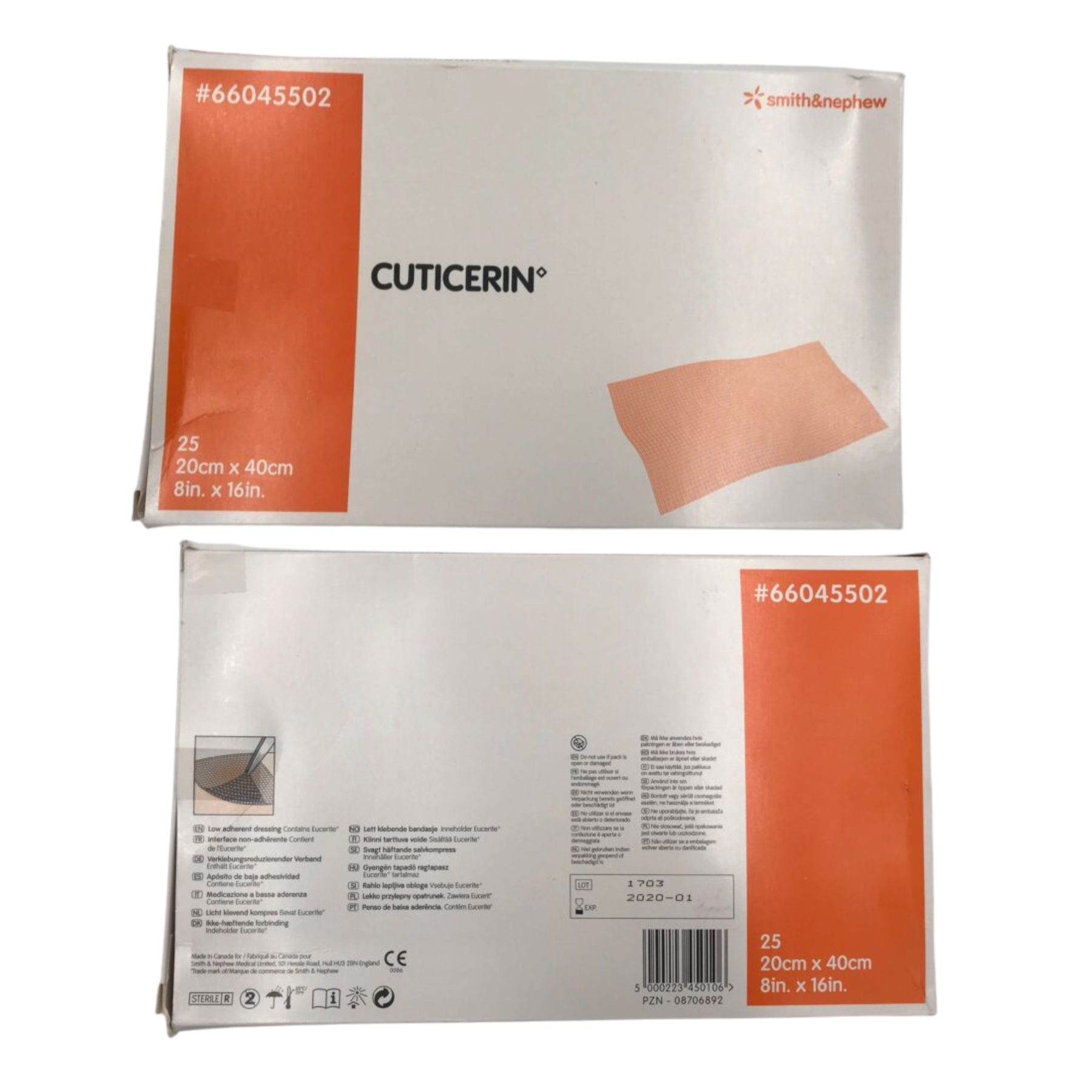 Top and bottom view of the Cuticerin dressing box, displaying product specifications, manufacturer details for Smith & Nephew, and an expiration date of 2020-01.
