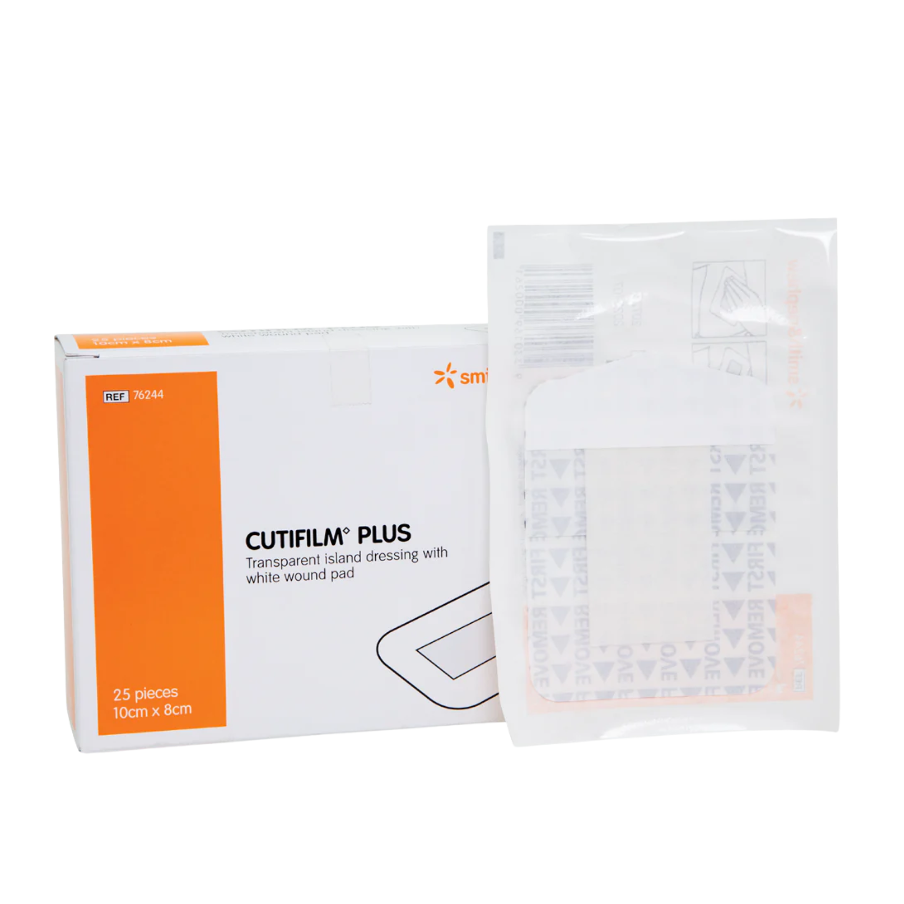 A 25-piece box of Smith & Nephew Cutifilm Plus transparent island dressings, size 10cm x 8cm, shown next to a single sterile individually wrapped dressing.