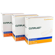 Three boxes of Smith and Nephew Cutiplast dressing in 4cm, 6cm, and 8cm widths lined up against a grey background.