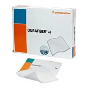 A white and orange retail box of Smith & Nephew DURAFIBER Ag dressings shown with an individual sterile pouch and a dressing partially removed.