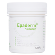 Epaderm Ointment 125g portable size; a water-free emollient and soap substitute formulated by dermatologists for sensitive skin and baby care.