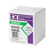 Box of Green Gauze Swabs, size 10cm x 10cm, 8-ply, 100 pieces, non-sterile, American Fold, suitable for surgical and medical applications.
